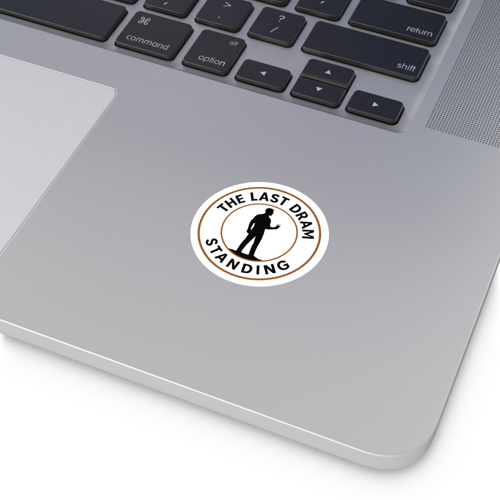 The Last Dram Standing Round Vinyl Sticker — Whisky Silhouette Sticker